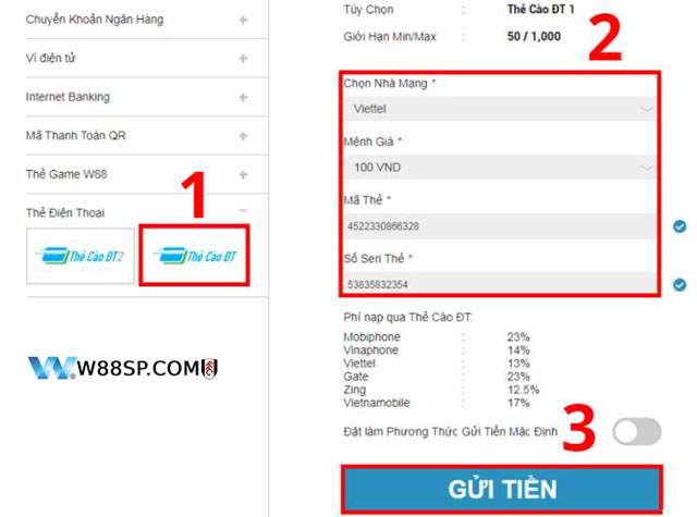 Dùng thẻ điện thoại nạp tiền vào W88 nhớ lưu ý phí