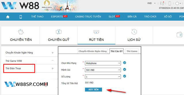 Hướng dẫn chuyển tiền từ W88 thành thẻ cào điện thoại