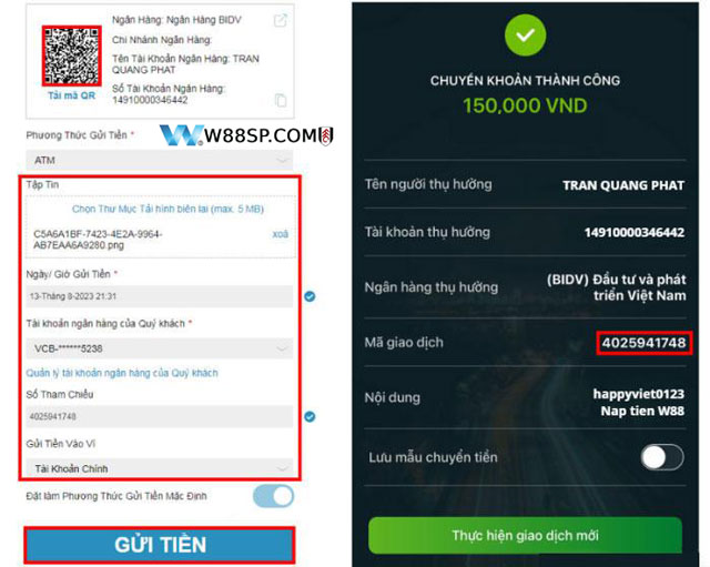 Khi gửi tiền xong nhớ điền vào phiếu gửi tiền W88