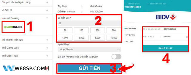 Tùy chọn gửi tiền W88 qua Internet Banking